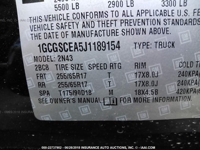 1GCGSCEA5J1189154 - 2018 CHEVROLET COLORADO LT BLACK photo 9