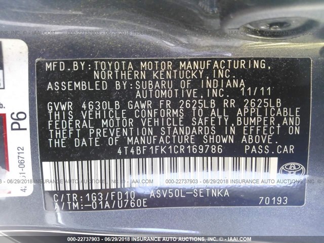 4T4BF1FK1CR169786 - 2012 TOYOTA CAMRY SE/LE/XLE 灰色 照片 9