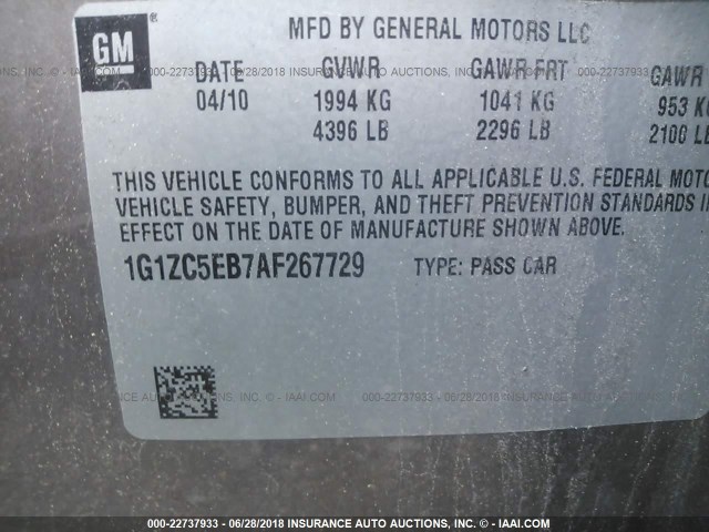 1G1ZC5EB7AF267729 - 2010 CHEVROLET MALIBU 1LT 棕色 照片 9