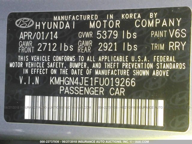 KMHGN4JE1FU019266 - 2015 HYUNDAI GENESIS 3.8L GRAY photo 9