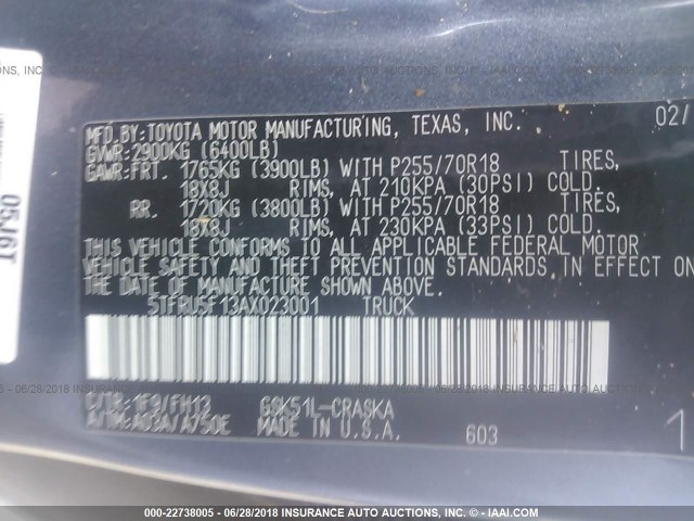 5TFRU5F13AX023001 - 2010 TOYOTA TUNDRA DOUBLE CAB SR5 Light Blue photo 9