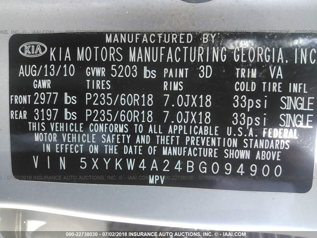 5XYKW4A24BG094900 - 2011 KIA SORENTO SX SILVER photo 9