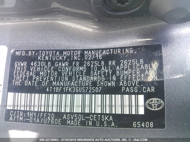 4T1BF1FK3GU572507 - 2016 TOYOTA CAMRY LE/XLE/SE/XSE GRAY photo 9