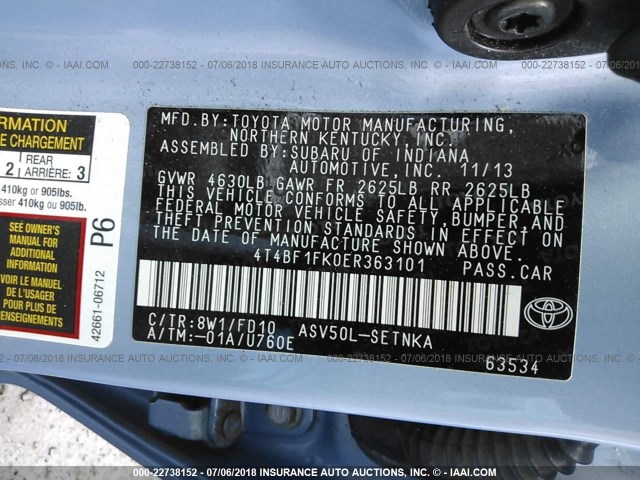 4T4BF1FK0ER363101 - 2014 TOYOTA CAMRY L/SE/LE/XLE ღია ლურჯი ფოტო 9