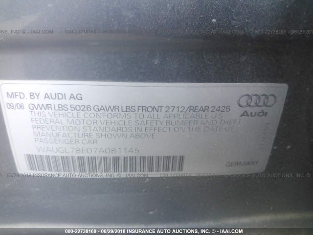 WAUGL78E07A081145 - 2007 AUDI NEW S4 QUATTRO GRAY photo 9