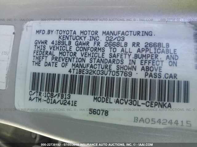 4T1BE32K03U705769 - 2003 TOYOTA CAMRY LE/XLE/SE Gümüş foto 9