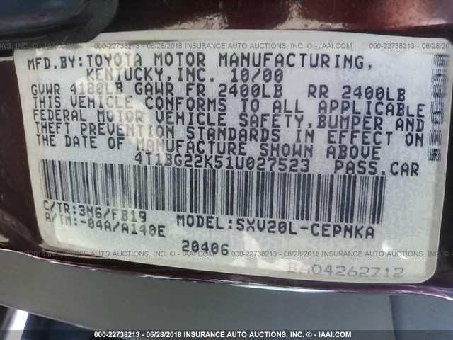 4T1BG22K51U027523 - 2001 TOYOTA CAMRY CE/LE/XLE 栗色 照片 9