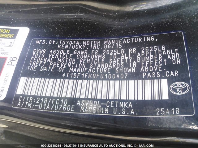 4T1BF1FK9FU100407 - 2015 TOYOTA CAMRY LE/XLE/SE/XSE BLACK photo 9