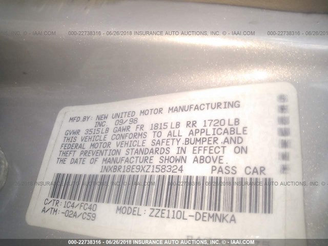 1NXBR18E9XZ158324 - 1999 TOYOTA COROLLA VE/CE/LE 银色 照片 9