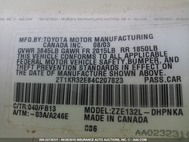 2T1KR32E84C207823 - 2004 TOYOTA COROLLA MATRIX XR WHITE photo 9