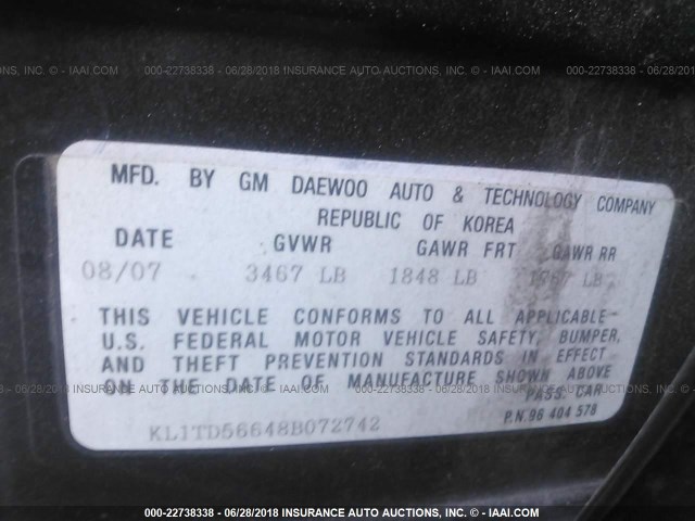 KL1TD56648B072742 - 2008 CHEVROLET AVEO LS 黑色 照片 9