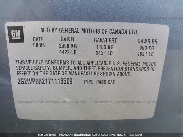 2G2WP552171118509 - 2007 PONTIAC GRAND PRIX Light Blue photo 9