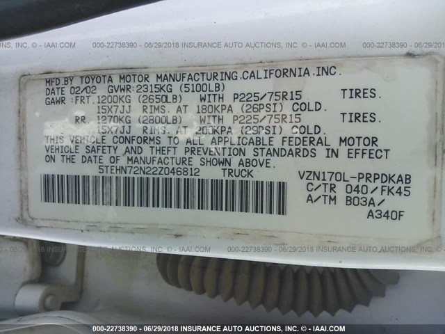 5TEHN72N22Z046812 - 2002 TOYOTA TACOMA DOUBLE CAB თეთრი ფოტო 9