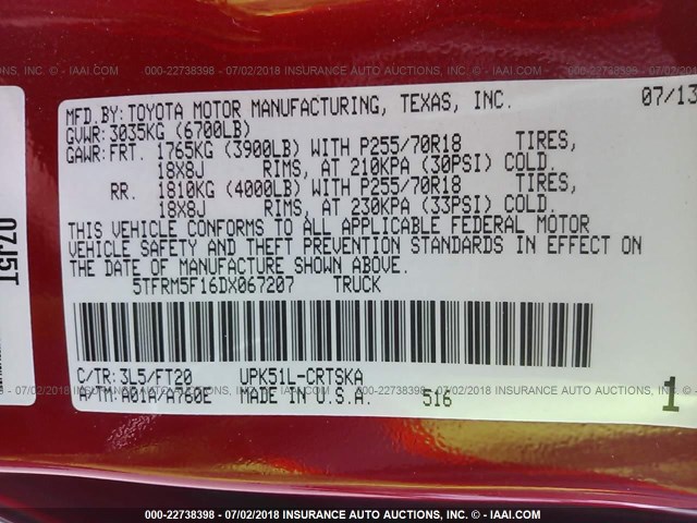 5TFRM5F16DX067207 - 2013 TOYOTA TUNDRA DOUBLE CAB SR5 წითელი ფოტო 9