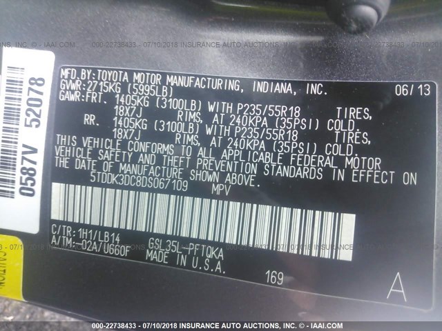 5TDDK3DC8DS067109 - 2013 TOYOTA SIENNA XLE/LIMITED GRAY photo 9