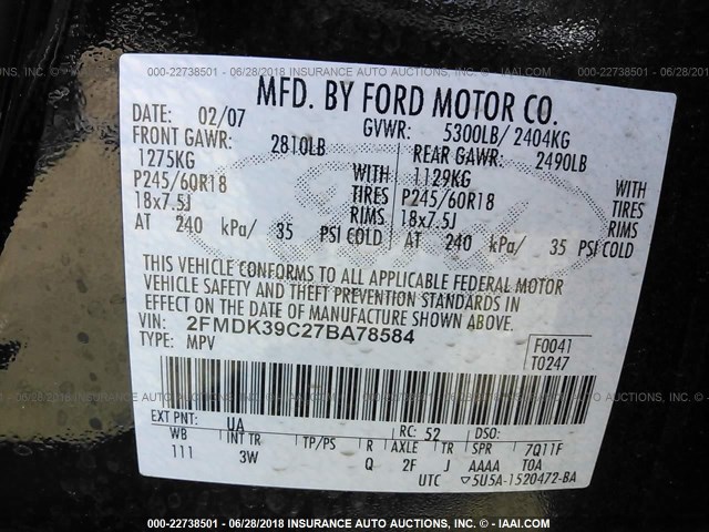 2FMDK39C27BA78584 - 2007 FORD EDGE SEL PLUS BLACK photo 9