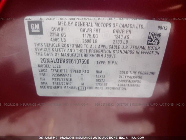 2GNALDEK6E6107590 - 2014 CHEVROLET EQUINOX LTZ RED photo 9