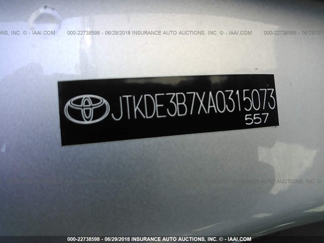 JTKDE3B7XA0315073 - 2010 TOYOTA SCION TC SILVER photo 9