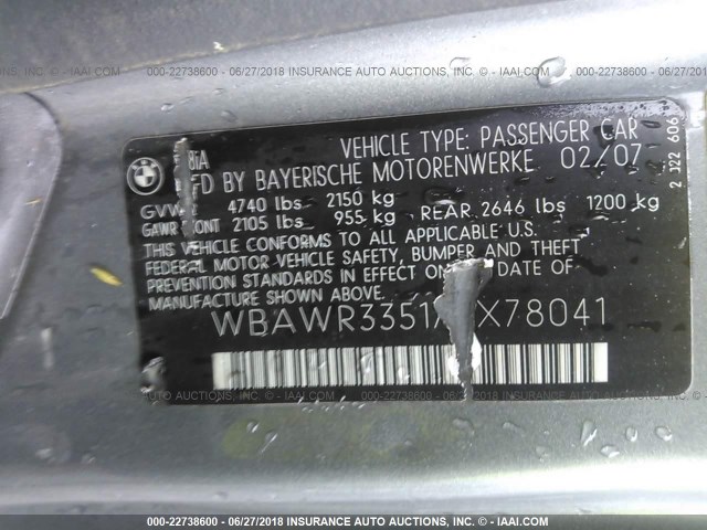 WBAWR33517PX78041 - 2007 BMW 328 I SULEV GRAY photo 9