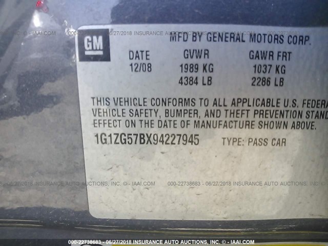 1G1ZG57BX94227945 - 2009 CHEVROLET MALIBU LS 灰色 照片 9