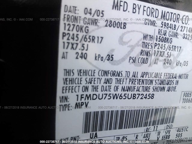 1FMDU75W65UB72458 - 2005 FORD EXPLORER LIMITED 黑色 照片 9