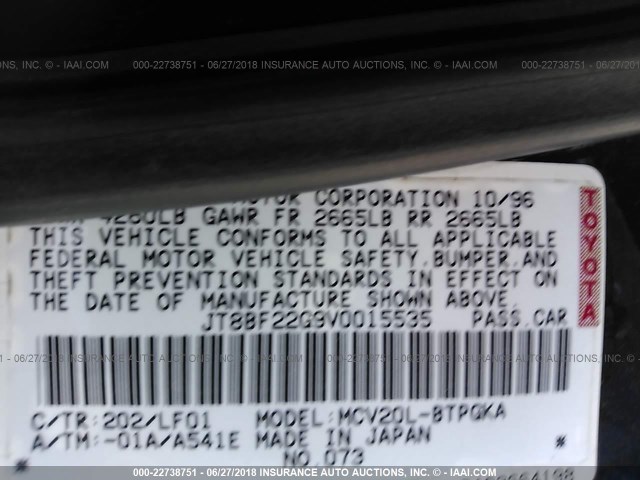 JT8BF22G9V0015535 - 1997 LEXUS ES 300 BLACK photo 9