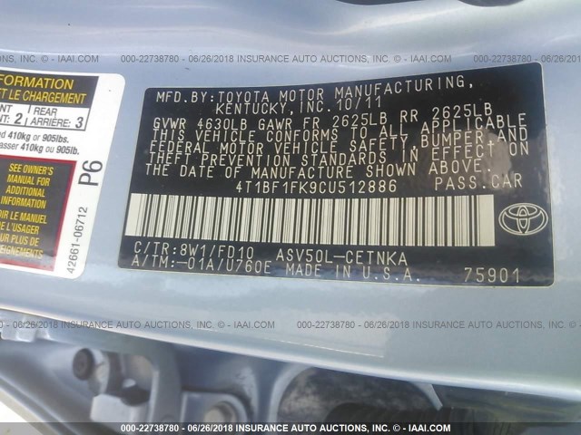 4T1BF1FK9CU512886 - 2012 TOYOTA CAMRY SE/LE/XLE BLUE photo 9