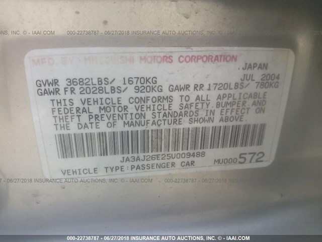 JA3AJ26E25U009488 - 2005 MITSUBISHI LANCER ES SILVER photo 9