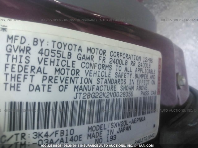 JT2BG22K2V0028056 - 1997 TOYOTA CAMRY LE/XLE 红色 照片 9