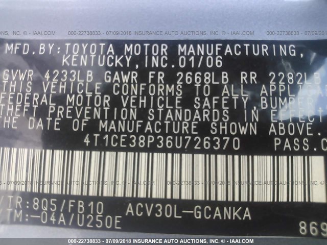 4T1CE38P36U726370 - 2006 TOYOTA CAMRY SOLARA SE/SLE Mavi foto 9