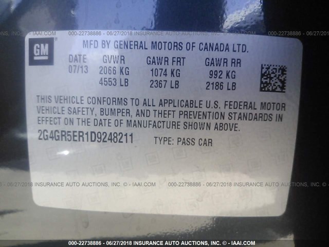 2G4GR5ER1D9248211 - 2013 BUICK REGAL GRAY photo 9