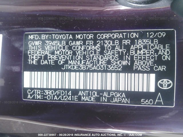 JTKDE3B75A0313652 - 2010 TOYOTA SCION TC 紫色 照片 9