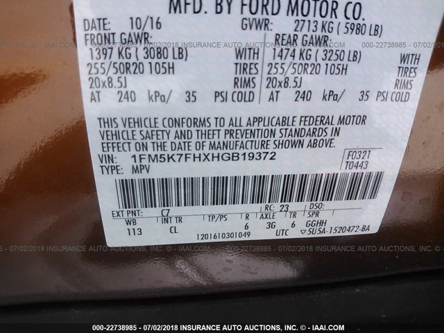 1FM5K7FHXHGB19372 - 2017 FORD EXPLORER LIMITED ORANGE photo 9