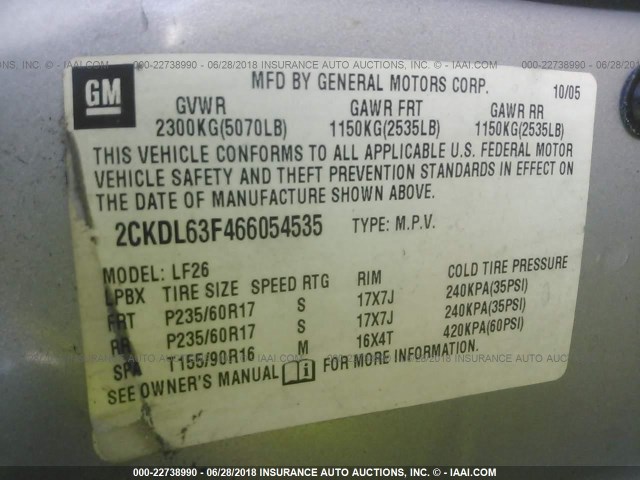 2CKDL63F466054535 - 2006 PONTIAC TORRENT SILVER photo 9