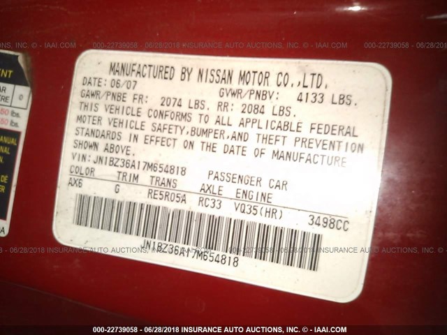 JN1BZ36A17M654818 - 2007 NISSAN 350Z ROADSTER RED photo 9