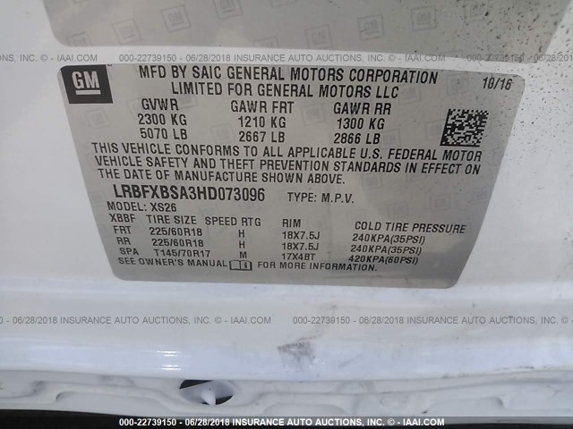 LRBFXBSA3HD073096 - 2017 BUICK ENVISION ESSENCE Սպիտակ լուսանկար 9