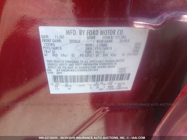 2FMDK49CX8BA35103 - 2008 FORD EDGE LIMITED RED photo 9