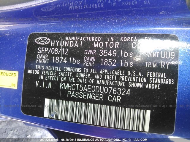 KMHCT5AE0DU076324 - 2013 HYUNDAI ACCENT GLS/GS BLUE photo 9