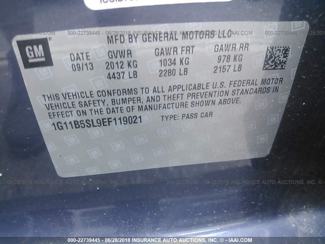 1G11B5SL9EF119021 - 2014 CHEVROLET MALIBU LS 蓝色 照片 9