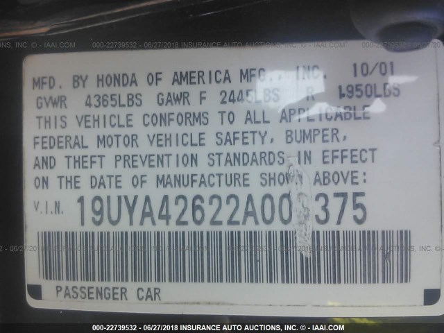 19UYA42622A003375 - 2002 ACURA 3.2CL TYPE-S BLACK photo 9