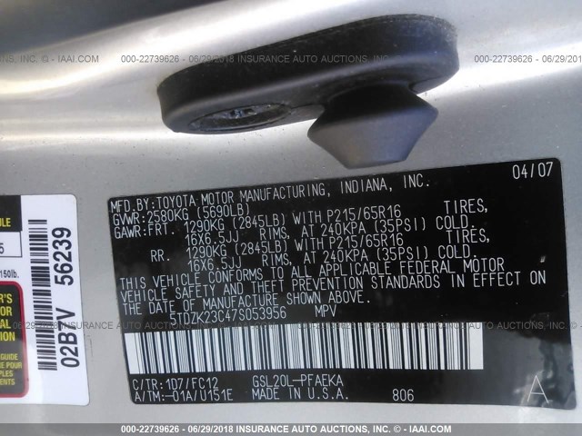 5TDZK23C47S053956 - 2007 TOYOTA SIENNA CE/LE SILVER photo 9