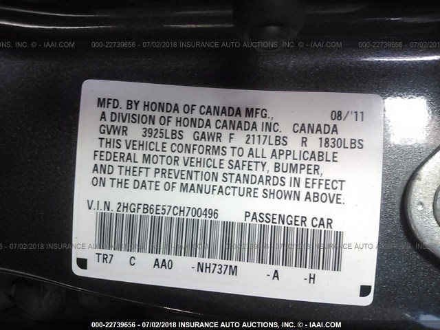 2HGFB6E57CH700496 - 2012 HONDA CIVIC SI GRAY photo 9