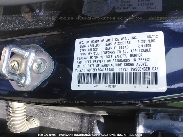 1HGCP2F45CA161958 - 2012 HONDA ACCORD LXP BLUE photo 9