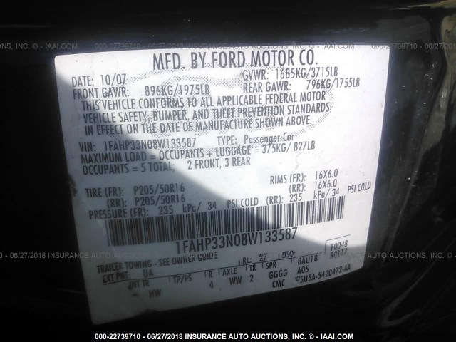 1FAHP33N08W133587 - 2008 FORD FOCUS SE/SEL/SES BLACK photo 9