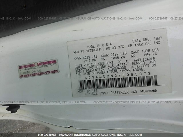 4C3AU52N2YE085973 - 2000 CHRYSLER SEBRING LXI WHITE photo 9