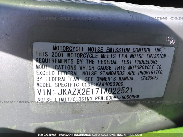 JKAZX2E171A022521 - 2001 KAWASAKI ZX900 E GREEN photo 10