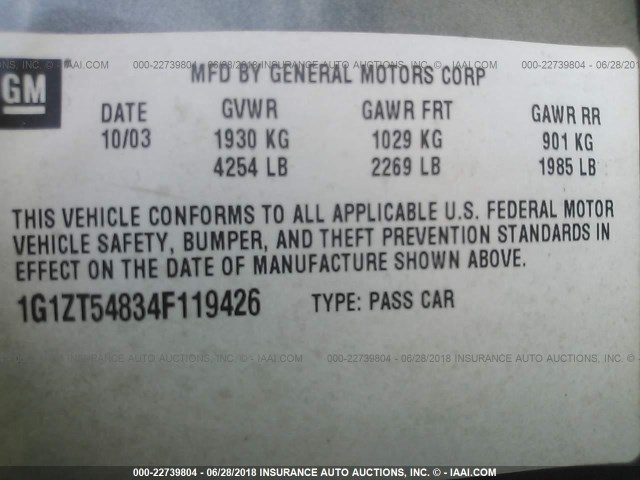 1G1ZT54834F119426 - 2004 CHEVROLET MALIBU LS ნაცრისფერი ფოტო 9