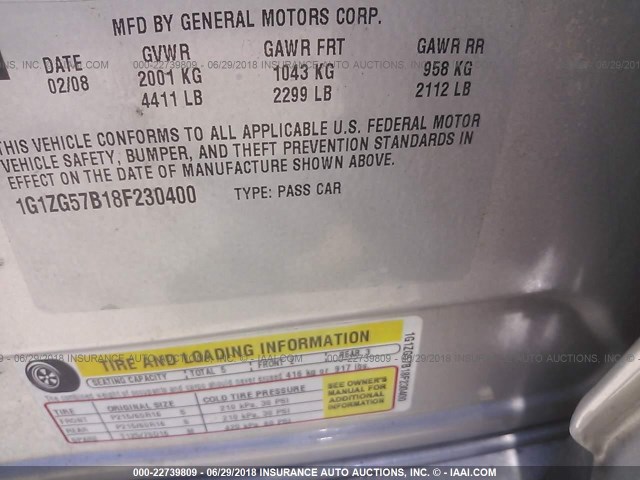 1G1ZG57B18F230400 - 2008 CHEVROLET MALIBU LS GRAY photo 9
