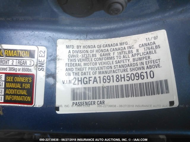 2HGFA16918H509610 - 2008 HONDA CIVIC EXL ლურჯი ფოტო 9