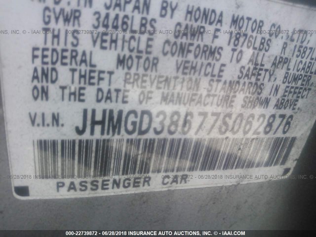 JHMGD38677S062876 - 2007 HONDA FIT S SILVER photo 9